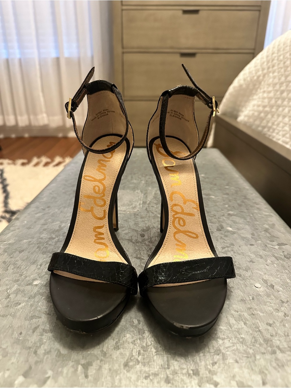 Sam Edelman Black Ankle-Strap Stiletto Sandals with Gold Logo